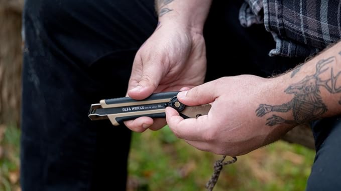 OLFA WORKS OW-OUK-1/SB Outdoor Knife Fine Serrated Edge Blade for Confident Cutting - Multi Purpose Outdoor Knife Designed to Handle Slippery Materials like Rope Plastic and Canvas - Ratchet-wheel