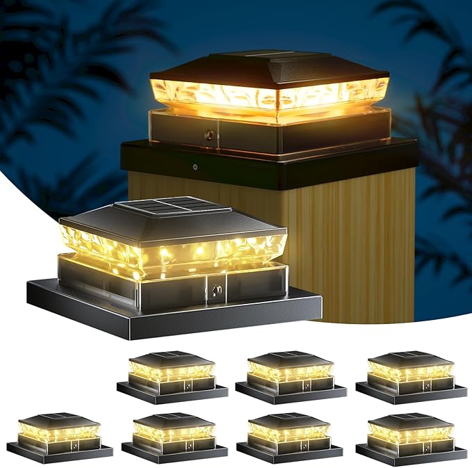 Solar Post Cap Light 8 Packs Waterproof Solar Powered Fence Light 4x4 IP65 Black Outdoor Post Solar Lights for Deck Garden &amp Patio Lights for 3.5x3.54x45x5 Wood &amp Vinyl Posts Warm White Li