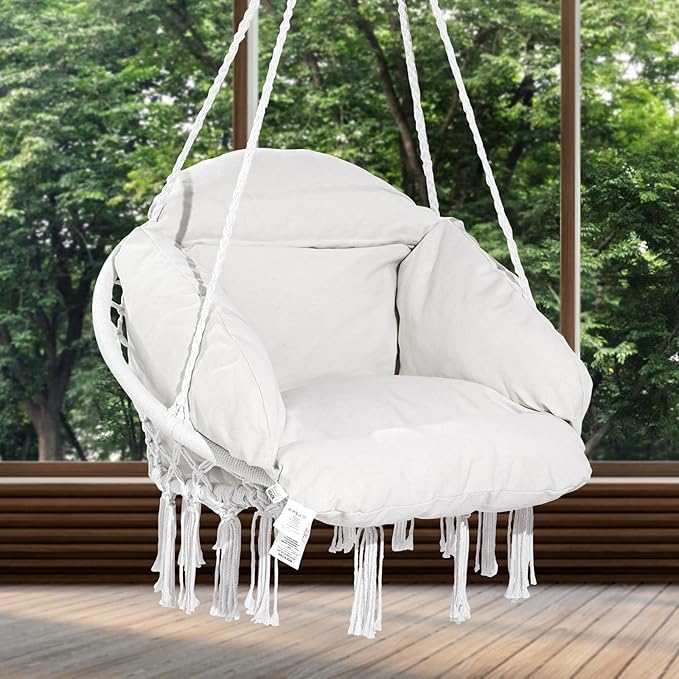 VEVOR Hanging Hammock Swing Chair Macramé Hanging Chair with Cushion and Mounting Hardware Cotton Rope Swing Chair for Bedroom Balcony Patio Garden 264 lbs Capacity White