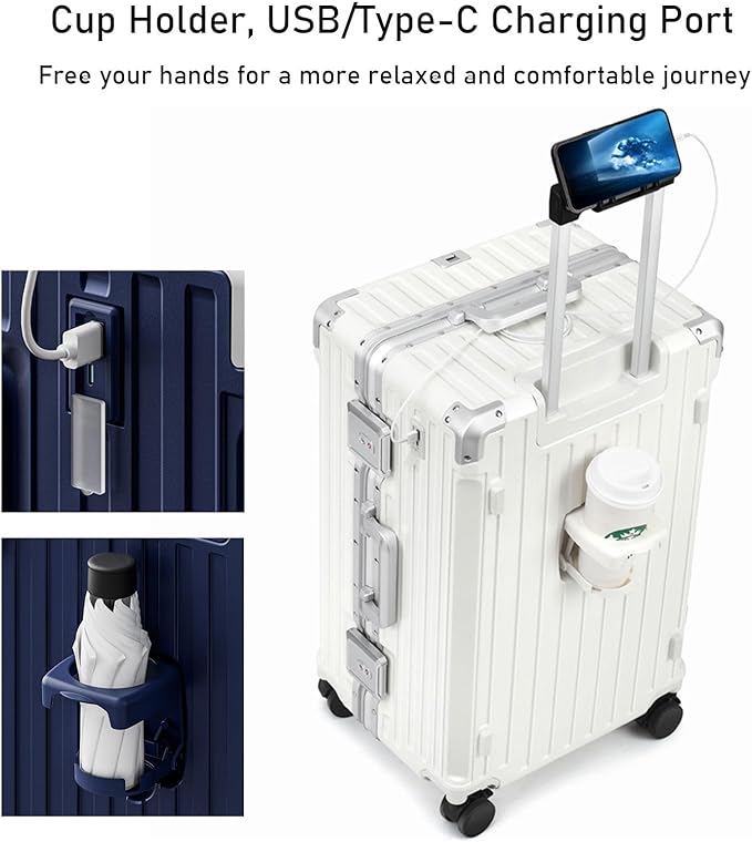 LEOVEN Hardside Luggage LS-0683 PC Hard Shell Suitcase with Cup Holder USB Type-C 3:7 Ratio Large Capacity Aluminium Frame TSA Customs Lock 360° Double Wheels with Brake and Shock Absorber