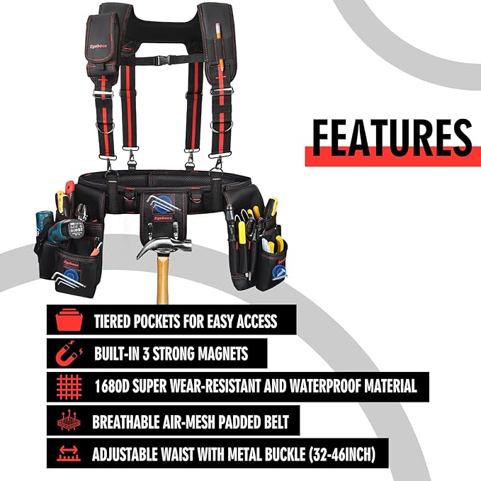 Heavy Duty Tool Belt with Padded Suspenders – Adjustable Construction Tool Rig with Multi-Pouch System – Framing &amp Electrician Waist Belt for Men（Adjustable one sizeZ)