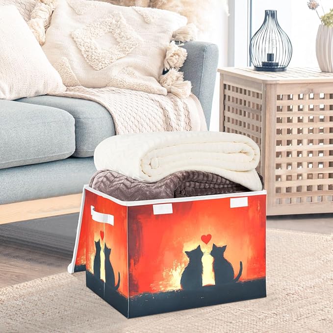 AIXIWAWA Lidded Storage Cube (Cat Love Silhouettes) Fabric Foldable Closet Bins with Flip Lid and Handles Organizer Basket Container 16.5 x 12.6 x 11.8 IN