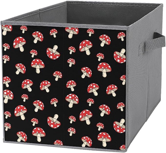 Collapsible Storage Bins with Handles Black Red Mushroom Lovers Foldable Cube Organizer Box for Closet Shelf Toy Storage Space-Saving Home &amp Office Decor