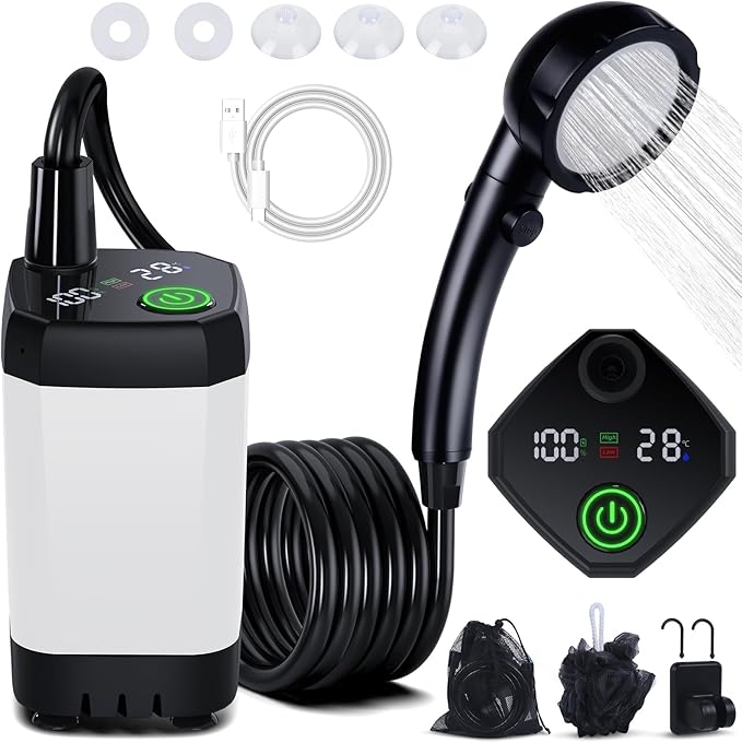 Portable Shower for Camping [Long-Lasting] Spopal 6000mAh Rechargeable Camping Shower with Intelligent LED Display 4 Spray Modes IPX7 Waterproof Outdoor Camp Pump for Hiking Travel Car Pet