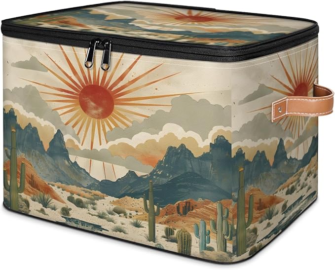 Cactus Storage Bins with Lids Desert Sunset Fabric Storage Boxes with Zipper Collapsible Decorative Closet Organizer Cube for Clothes Organizing Shelves