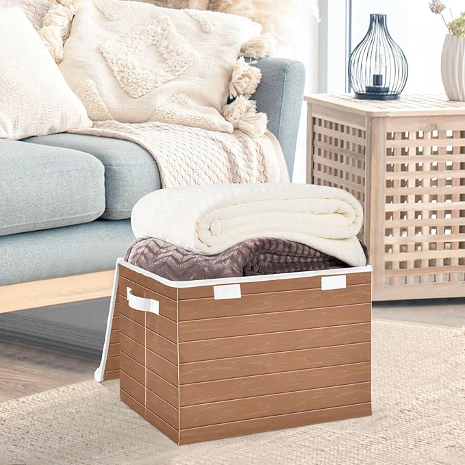 Collapsible Storage Bins with Lids Decorative Fabric Storage Cubes Closet Organizer and Storage Basket Boxes Containers for Clothes Box Chest Folding Rectangle Wood Print
