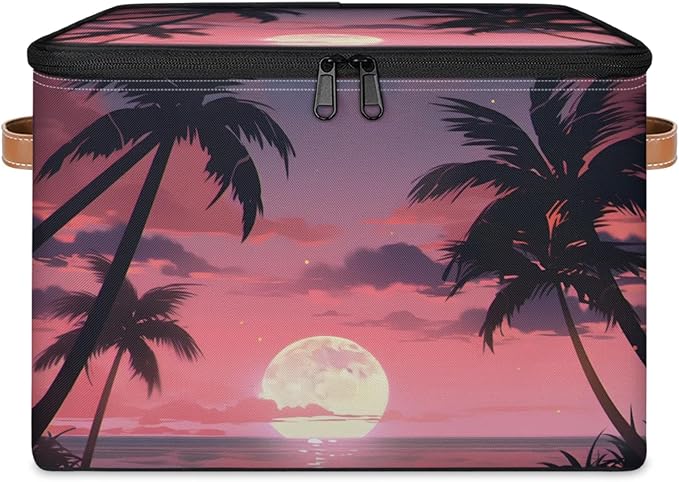 Storage Bins with Lids Palm Tree Beach Storage Basket Clothes Organizer with Handles Closet Storage Containers for Clothing Bedding Blanket