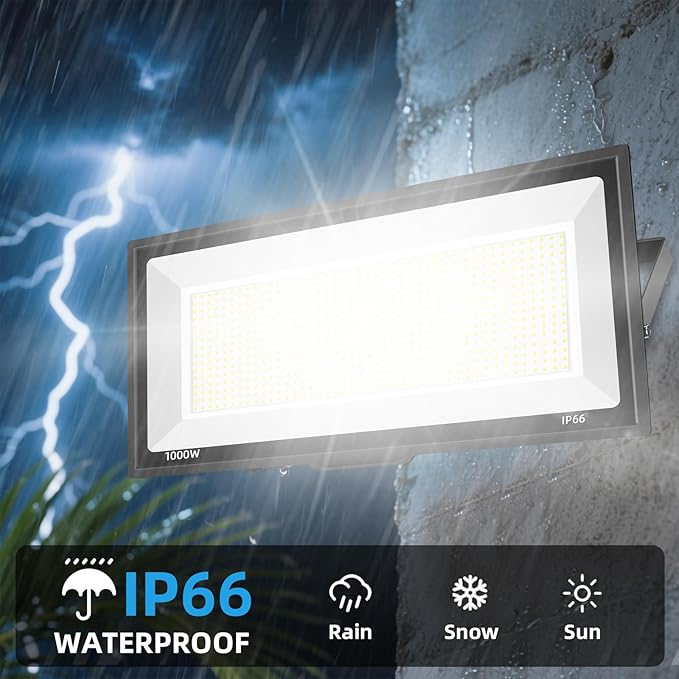 2 Pack 1000W LED Flood Light Outdoor95000LM 6500K Daylight White Exterior Security FloodLight with Plug IP66 Waterproof Commercial Lighting for Sports FieldsParking LotsCourtsArenaStadium