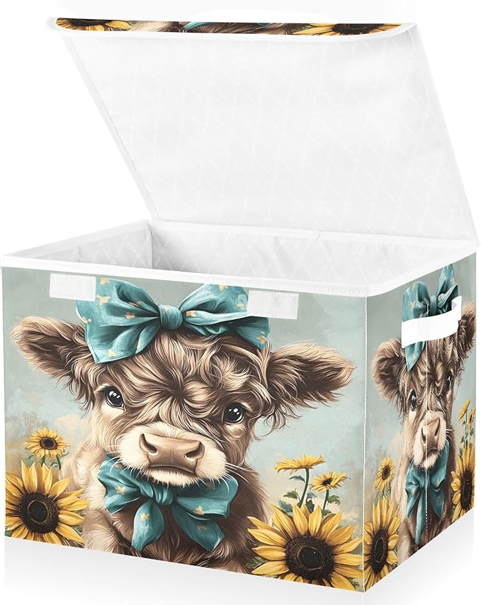 MNSRUU Containers Baskets with Lids Cute Highland Cow Bow Fabric Foldable Storage Bins Organizer with Lid Collapsible Storage Boxes for Home Bedroom Closet Office