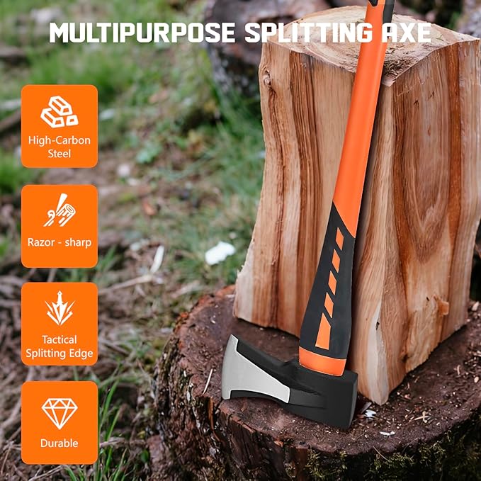Chopping Axe Hand Axe Camp Hatchet for Splitting Kindling and Chopping Branches Wood Chopping Axe 6.8 lb with 36-in Fiberglass Handle (L)