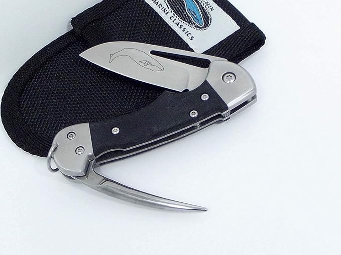 Myerchin BF377 Gen 2 Crew Rigging Knife &amp Marlin Spike - Black G10 Handle - Standard Plain Edge - Crew Bundle with Outdoor Merchants Safety Leather Lanyard - Compact German Marine Stainless Steel