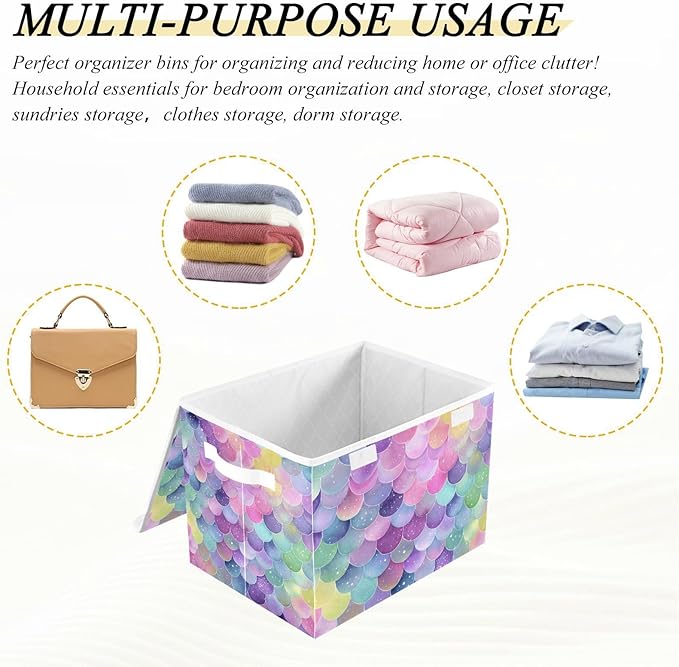 Collapsible Storage Bins with Lids Decorative Fabric Storage Cubes Closet Organizer and Storage Basket Boxes Containers for Clothes Box Chest Nursery Folding Rectangle Purple Mermaid Scale
