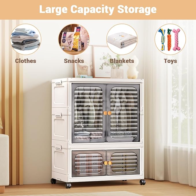 Takywep Stackable Plastic Storage Bins with Doors Wheels &amp Hanging Rods Large Collapsible Closet Organizer Cabinet Versatile Home Storage