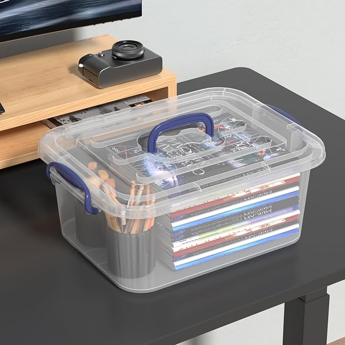 8 Quart Plastic Latching Organizing Tote Boxes Clear Storage Bin with Handle 2 Packs