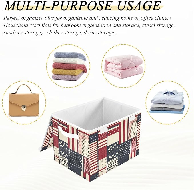 Collapsible Storage Bins with Lids Decorative Fabric Storage Cubes Closet Organizer and Storage Basket Boxes Containers for Clothes Box Chest Nursery Folding Rectangle July 4th Textile Flag