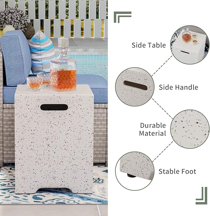 COSIEST 35-inch Square Outdoor Sandstone Propane Fire Pit w Wind Guard and Side Table Certified 50000 BTU Stainless Steel Burner Free Lava Rocks and Rain Cover Metal Lid(Beige)