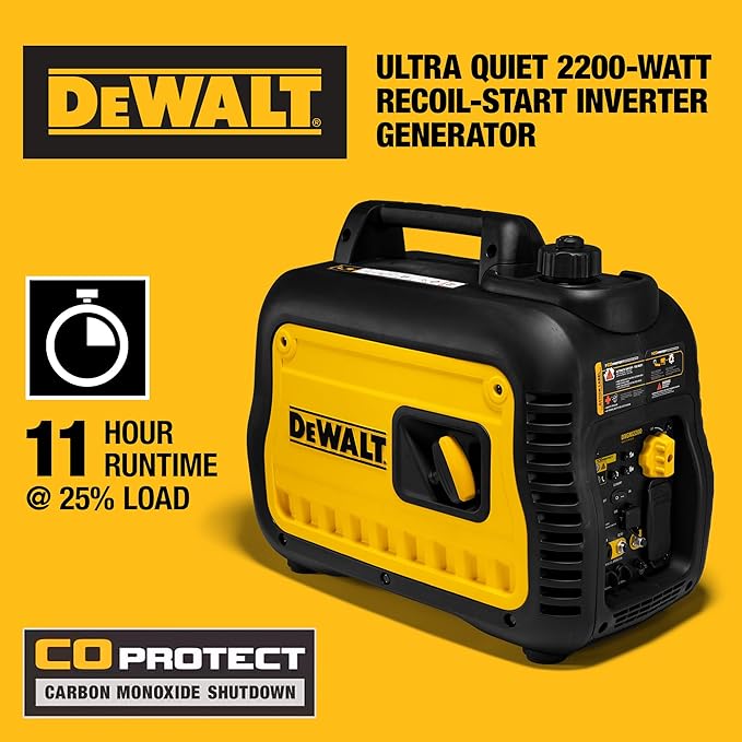 DeWalt 2500 Starting Watt Portable Inverter Generator Gas Powered CO Protect Carbon Monoxide Detection 8 Hour Runtime Quiet Operation Home Backup RV Camping Jobsite 49 State