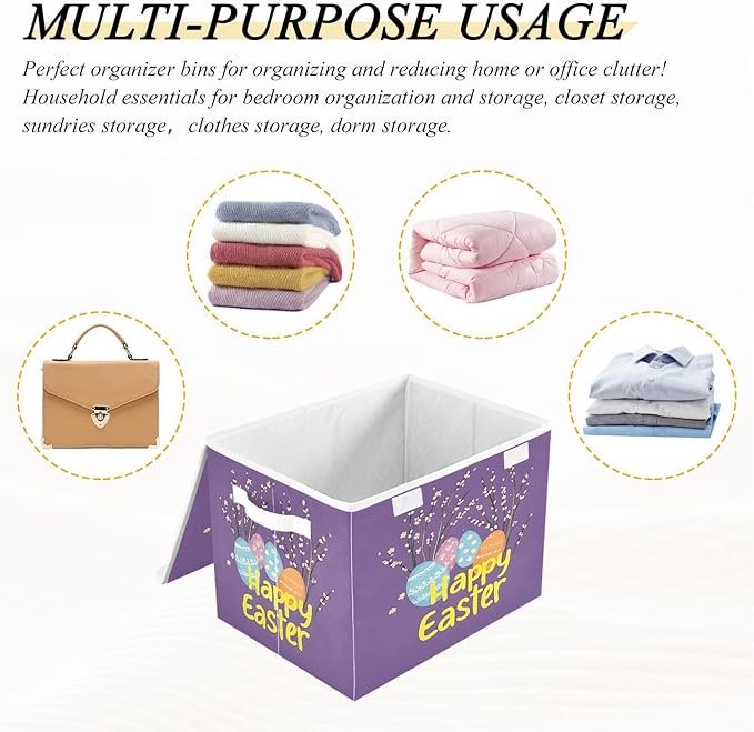 Happy Easter 2 Fabric Storage Bins with Lids and HandleFoldable Storage Bins with LidsCloset Organizers for Clothes Storage Room Organization Office Storage Chest Organizer