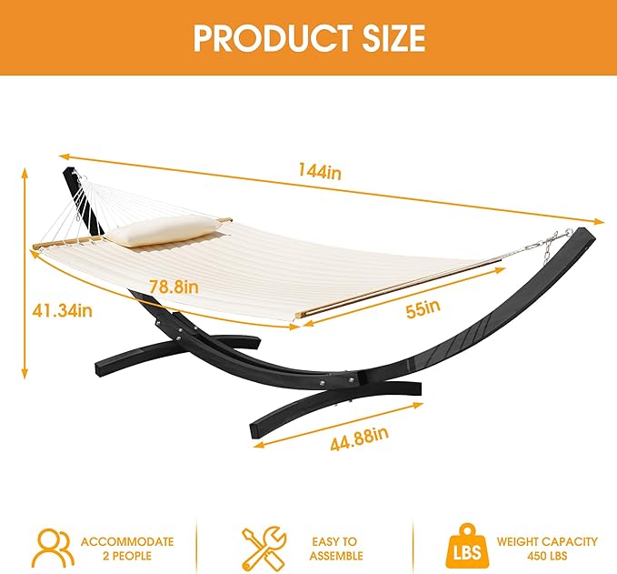 Lazy Daze Hammocks 12 FT 2 Person Double Quilted Hammock with Curved Steel Heavy Duty Stand and Pillow for Outside Backyard Patio 450 Lbs Capacity Cream