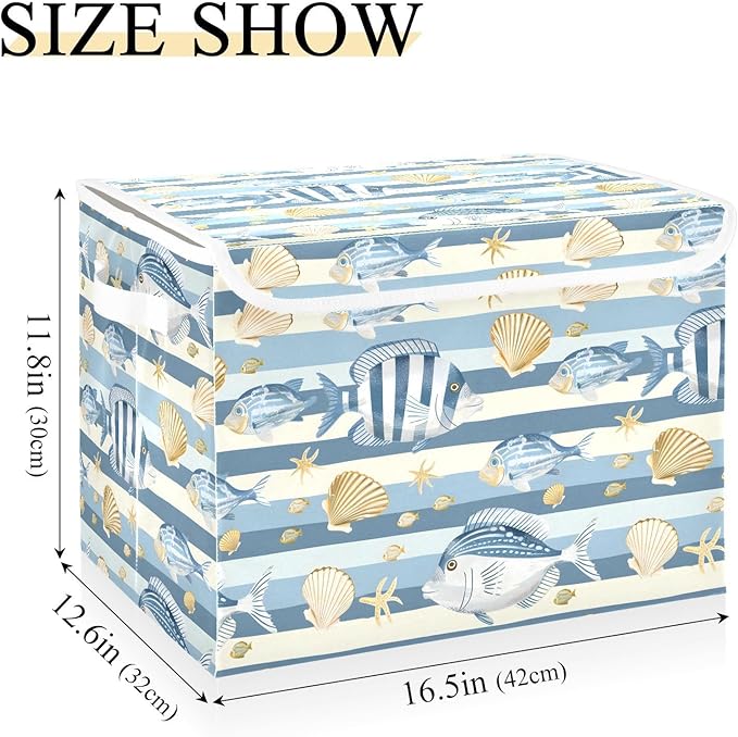 senya Large Storage Bins with Linen Collapsible Foldable Storage Cubes Fabric Closet Organizer Containers box with Flip-Top Lid for Home Bedroom Office 16.7 x 12.6 x 11.8in (Fish Shells Light Blue)