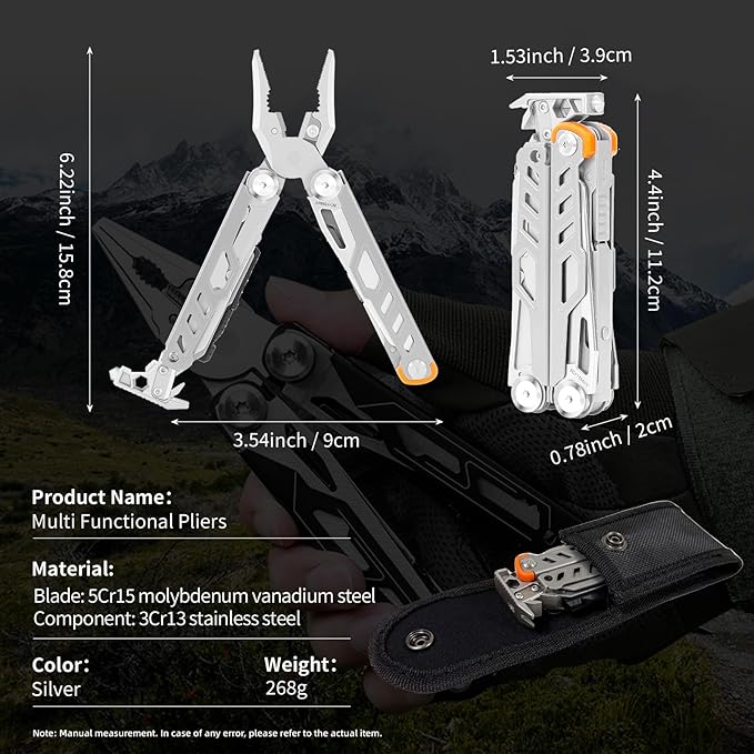 23-in-1 Multitool Pliers with ScissorsWindow Breaker Saw ScrewdriversRope CuttersFlint High-carbon Steel Multi Tool with Carrying Pouch Ideal for Camping Survival and Gift for Him Dad Men