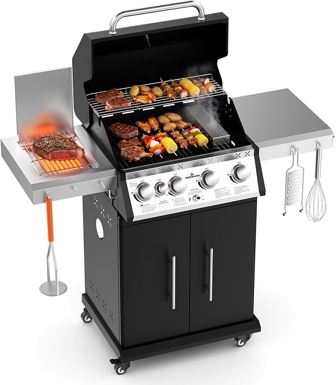 SKOK 4 Burner Propane Gas Grill with Infrared Side and Rear Burners Outdoor BBQ Grill with Cast Iron Grates Barbecue Grill with Wheels 60000BTU Output
