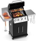 SKOK 4 Burner Propane Gas Grill with Infrared Side and Rear Burners Outdoor BBQ Grill with Cast Iron Grates Barbecue Grill with Wheels 60000BTU Output