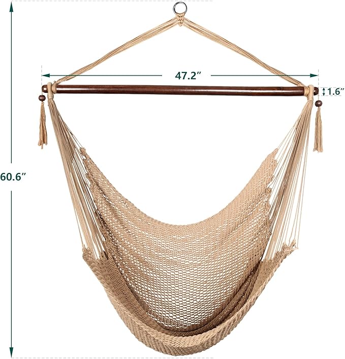 Bathonly Large Hammock Chair with Spreader Bar Caribbean Hammock Swing Chair XL Hammock Chair Outdoor Indoor 330 LBS Weight Capacity Light Brown