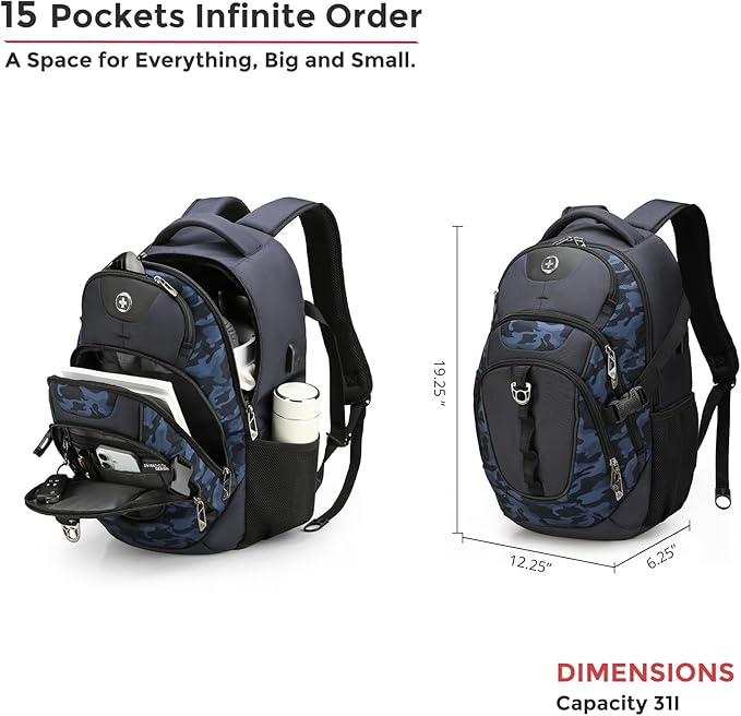 Swissdigital Design Laptop Backpack with USB Charging Port Travel Backpack Fits 15.6 inches Computer 31L College School Backpack for Men Blue Camo | SD803-92