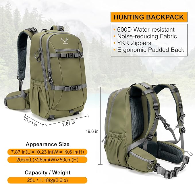 MOXULE Hunting Backpack Waterproof Pack: 25L Hunting Gear with Rain CoverHunting Day Pack with Rifle Bow Gun Holder (Green)