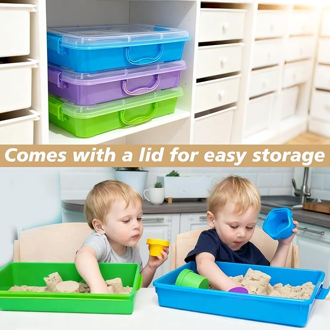 4 Qt (3.8L) Sensory Bin With Lid - 3 Pack Stackable Storage Sensory Bins with Lids Portable Sandbox Organizers Sand Arts Crafts (Blue Green Purple)