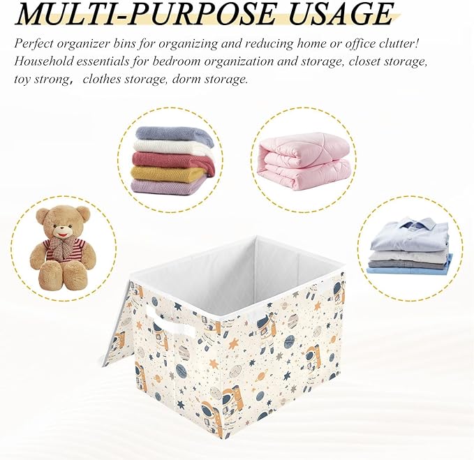 Large Storage Bins with Linen Collapsible Foldable Storage Cubes Fabric Closet Organizer Containers box with Flip-Top Lid for Home Bedroom Office 16.7 x 12.6 x 11.8in (Astronauts Planets and Stars)