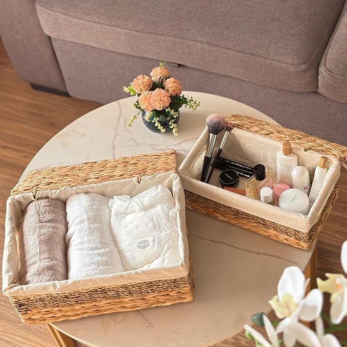 Wicker Storage Baskets with Lid and Lining Built-in Carry Handles Set of 2 Handwoven Water Hyacinth Storage Baskets For Organizing Home Decoration 2 Pack Natural