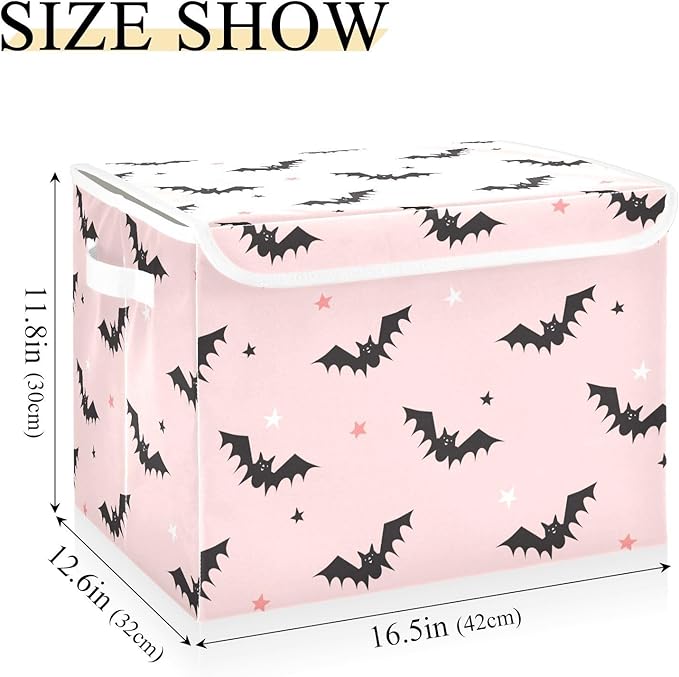 Halloween Bats Pink Lidded Home Storage Bins Closet Storage Bins Foldable Oxford Fabric Storage Box for Home Bedroom Closet Office (16.5x12.6x11.8 in)