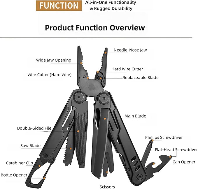 Multi Tool 14-in-1 Full-Size Lightweight EDC Multi-Purpose Pliers Household Screwdriver Camping Outdoor Gear Nylon Bag Tools Gifts for Guys Gifts for Hunters Men who have Everything (Black)