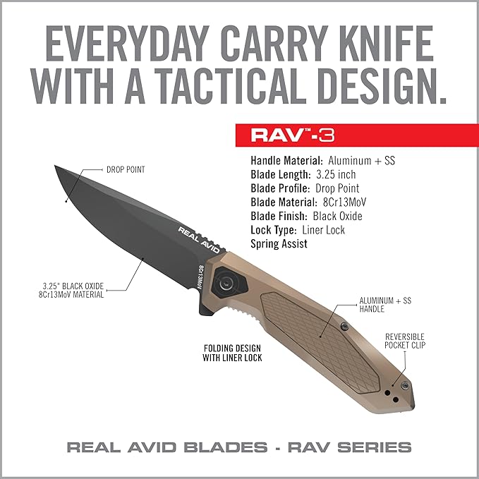 Real Avid RAV-3 EDC Knife | Pocket Knife 3.25 Drop Point Blade 8Cr13MoV Steel Durable Knife with Aluminum Handle + SS and Black Oxide Finish