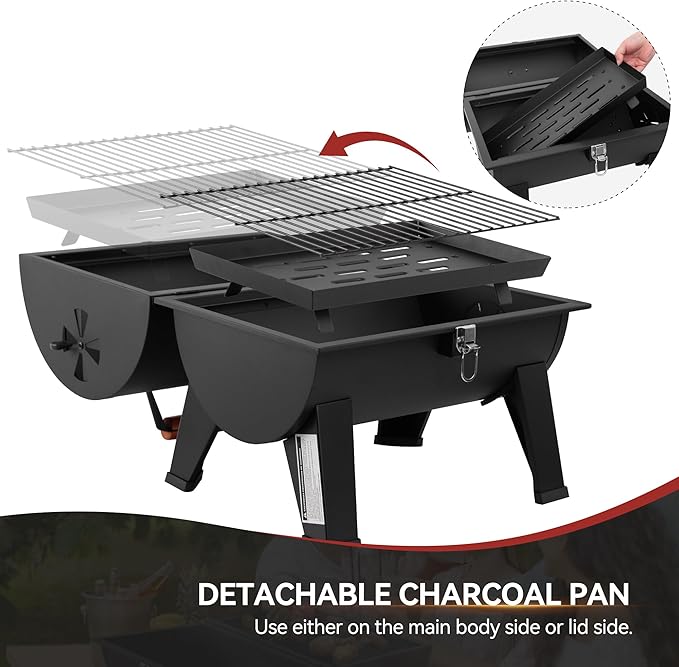 Royal Gourmet CC1619 Portable Tabletop Charcoal Grill Convertible Lid-to-Grill Zone Outdoor Compact Barrel BBQ Grill with 217 Sq. In. Grilling Space for Backyard Patio and Parties Black