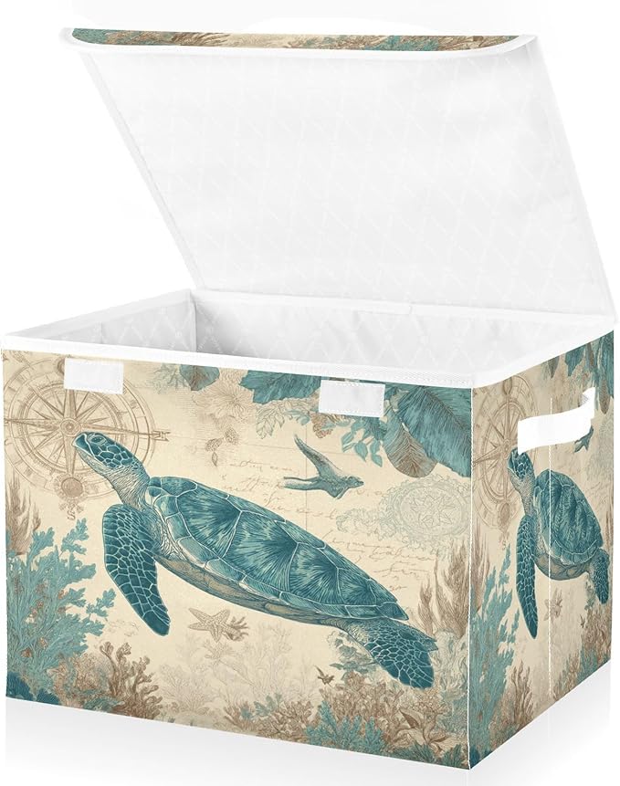 Retro Sea Turtle Compass Collapsible Storage Bins with Lids Decorative Fabric Cubes Closet Organizer Basket Boxes Containers for Clothes Box Chest Folding Rectangle