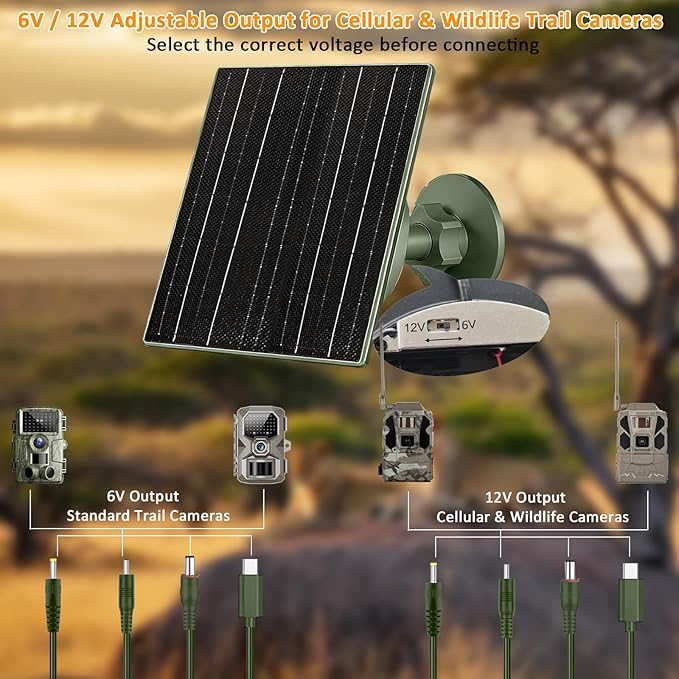 Zivif Solar Panel Charger for Trail &amp Hunting Cameras 10W 3.7V 10400mAh Built-in Battery 6V/12V Adjustable Output Universal Adapter Cables (DC5521 DC4.0x1.7mm DC3.5x1.35mm Type-C)