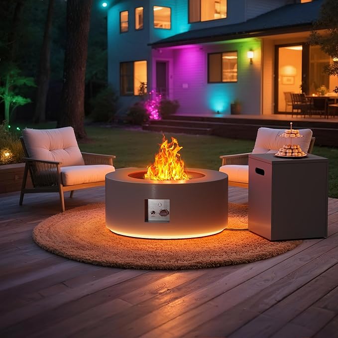 30' Outdoor Fire Pit Table with 50000 BTU Output Premium Gas Fire Pit Tables for Outside Patio Round Propane Fire Pit with Glass Stones Waterproof Cover (Grey/Warm Light 30 LED)
