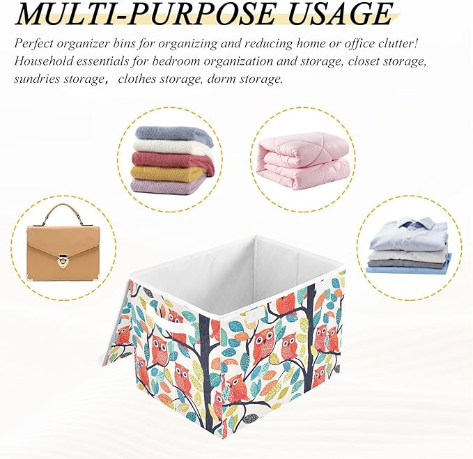 Storage Cube with Lid Cartoon Owls Print 16.5×12.6×11.8 IN 1 Pack Collapsible Large Capacity Foldable Storage Basket Bin Organizer