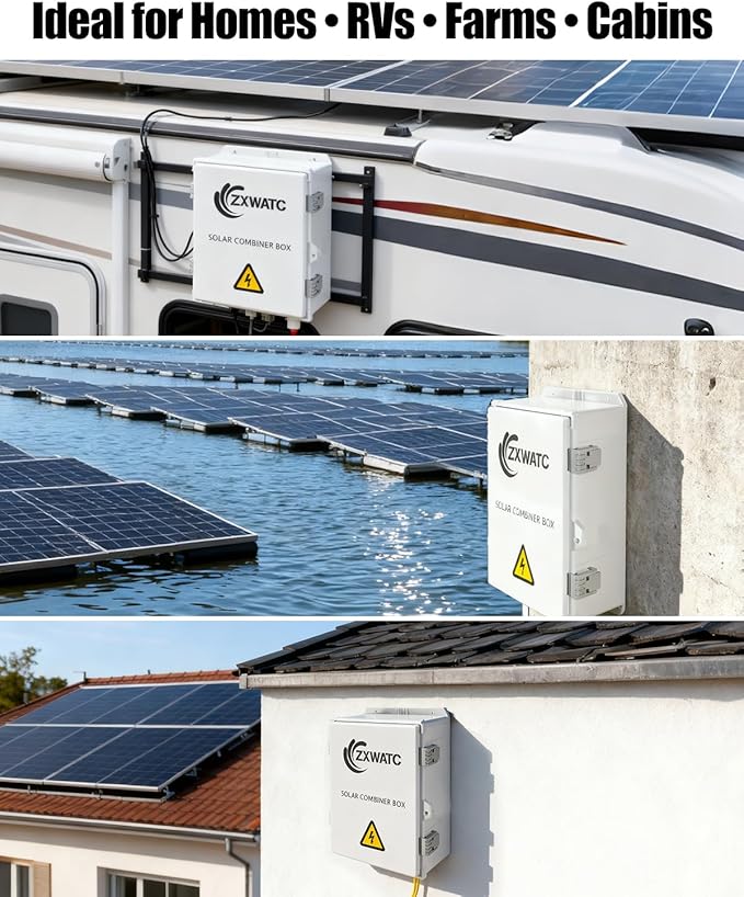 Solar Combiner Box 6 Strings with 100A DC Main Circuit Breaker 6×16A PV Breakers 40KA Surge Protector 120A Anti-Backflow Diodes IP65 Waterproof PV Combiner for On/Off-Grid Solar Systems