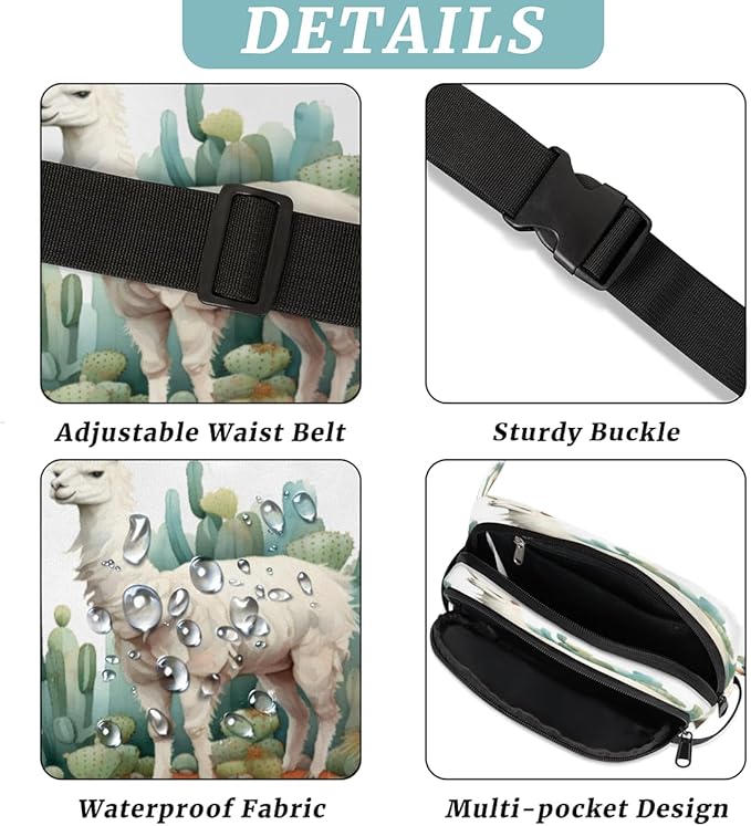 Cute Alpaca Cactus Waterproof Fanny Pack for Women Men Adjustable Waist Bag with Double Zipper Pockets Lightweight Square Hip Pack for Running Travel Hiking Workout Cycling