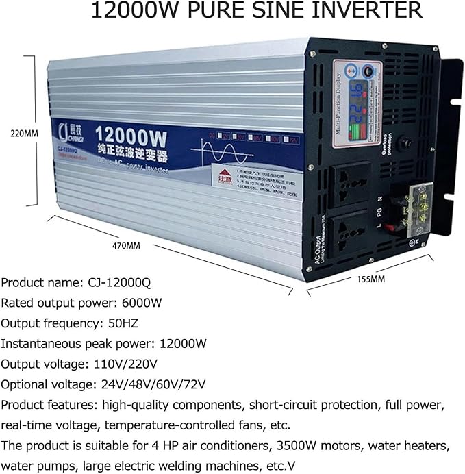 6000W 8000W 10000W 12000W Pure Sine Wave Inverter 12V/24V/48V/60V/72V DC to 110V/220V AC Power Inverter Voltage Converter Transformer for HomeRVTruckOff-Grid Solar~/
