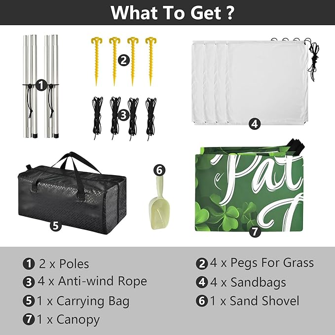 St. Patrick's Day Beach Canopy Sun Shelter with Sandbags &amp Sand Shovel &amp Windproof Ropes - Portable 110x126 Beach Shade Beach Tent for Camping Picnics