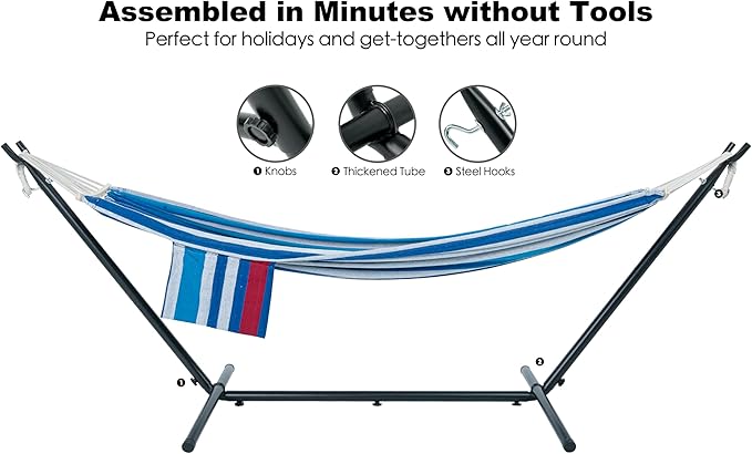 GAFETE Double Hammock with Stand for Outside Upgraded Spreader Bar Heavy Duty Space Saving Steel Stand 2 Person Convenient Pocket Easy Assembly 600lbs Weight Capacity Indoor &amp Outdoor (Rider