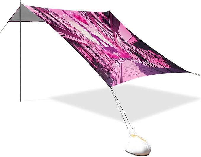 Eiffel Tower Beach Canopy Sun Shelter with Sandbags &amp Sand Shovel &amp Windproof Ropes - Portable 110x126 Beach Shade Beach Tent for Camping Picnics