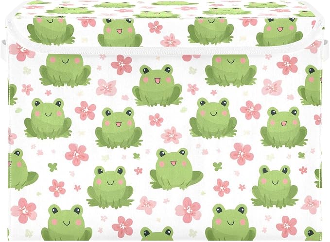 MNSRUU Containers Baskets with Lids Frog Pink Flowers Fabric Foldable Storage Bins Organizer with Lid Collapsible Storage Boxes for Home Bedroom Closet Office