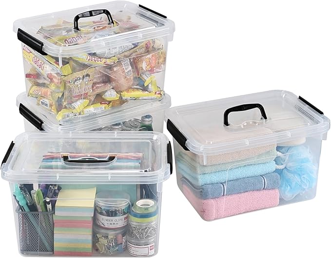 4-Pack 10 L Plastic Latching Storage Bin Clear Storage Box Bin with Handle