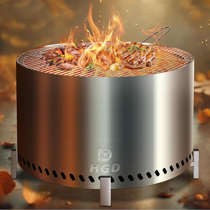 HGD 28 Smokeless Firepit with Stand &amp Grill Rack Large Stainless Steel Wood Burning Fire Pit for Friends &amp Family Gatherings Secondary Combustion Outdoor Patio Stove for Garden BBQ &amp Bo